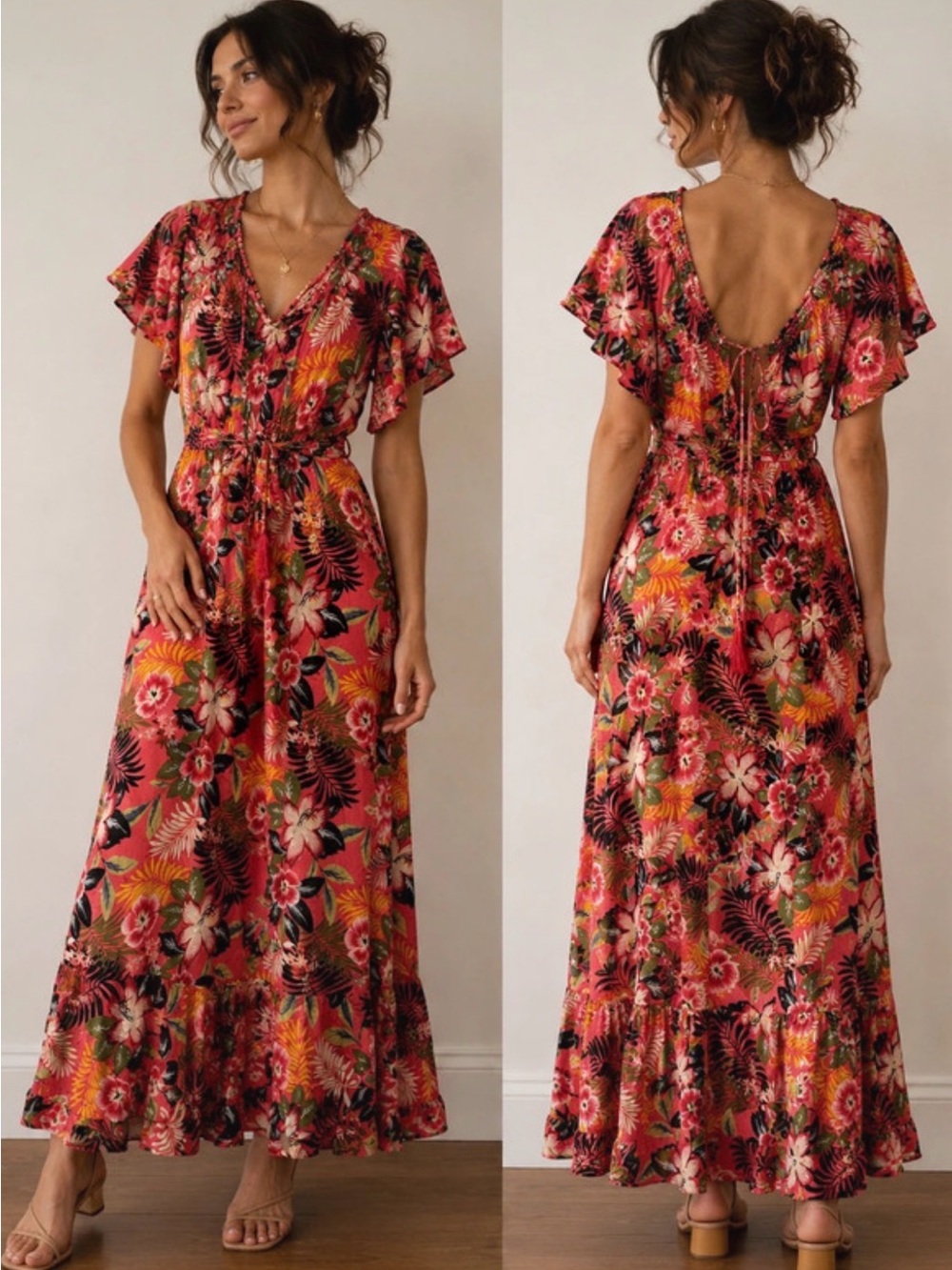 Floral V-Neck Maxi Dress - Coral Pink/ Black Button Dress.